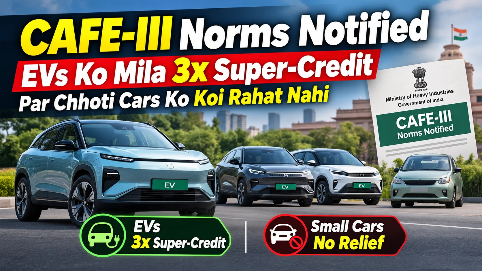 CAFE-III Norms Notified — EVs Ko Mila 3x Super-Credit, Par Chhoti Cars Ko Koi Rahat Nahi