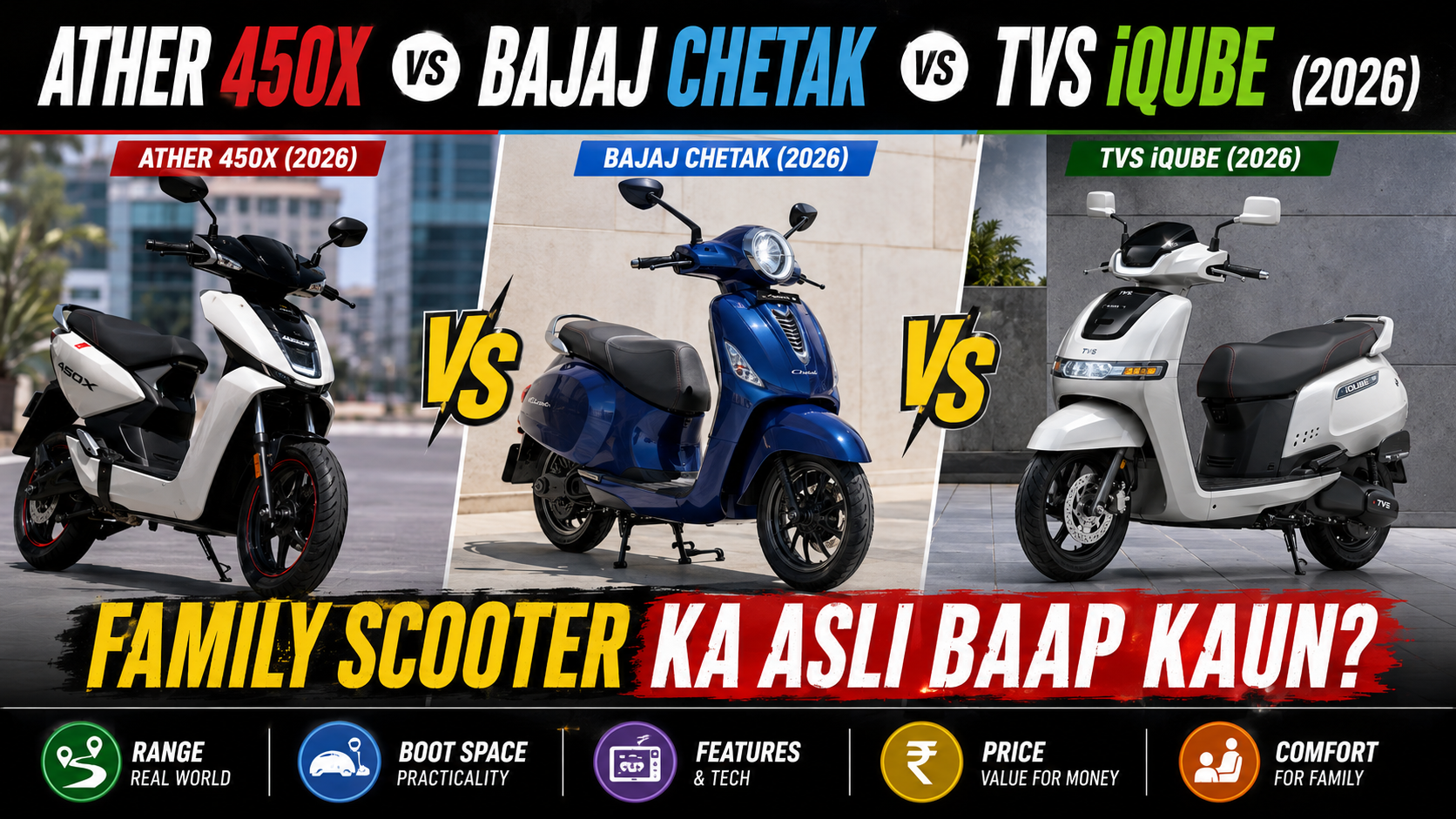 Ather 450X vs Bajaj Chetak vs TVS iQube (2026) — Family Scooter Ka Asli Baap Kaun?