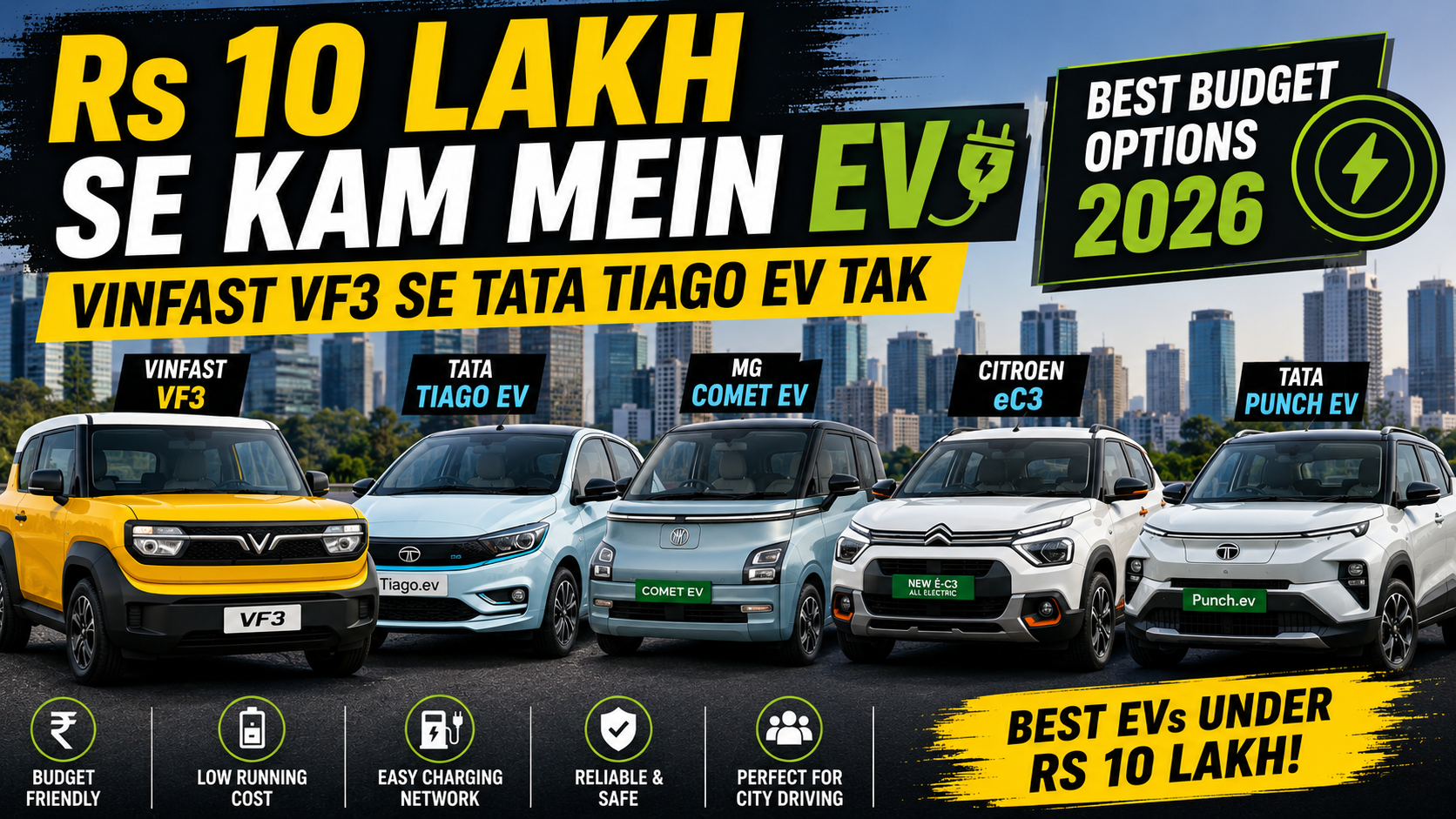 Rs 10 Lakh Se Kam Mein EV — VinFast VF3 se Tata Tiago EV tak, Best Budget Options 2026
